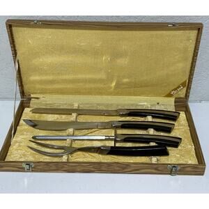 Vintage Eldan Japan 4 Piece Meat Carving Knife Set Stainless Steel W/ Wood Case